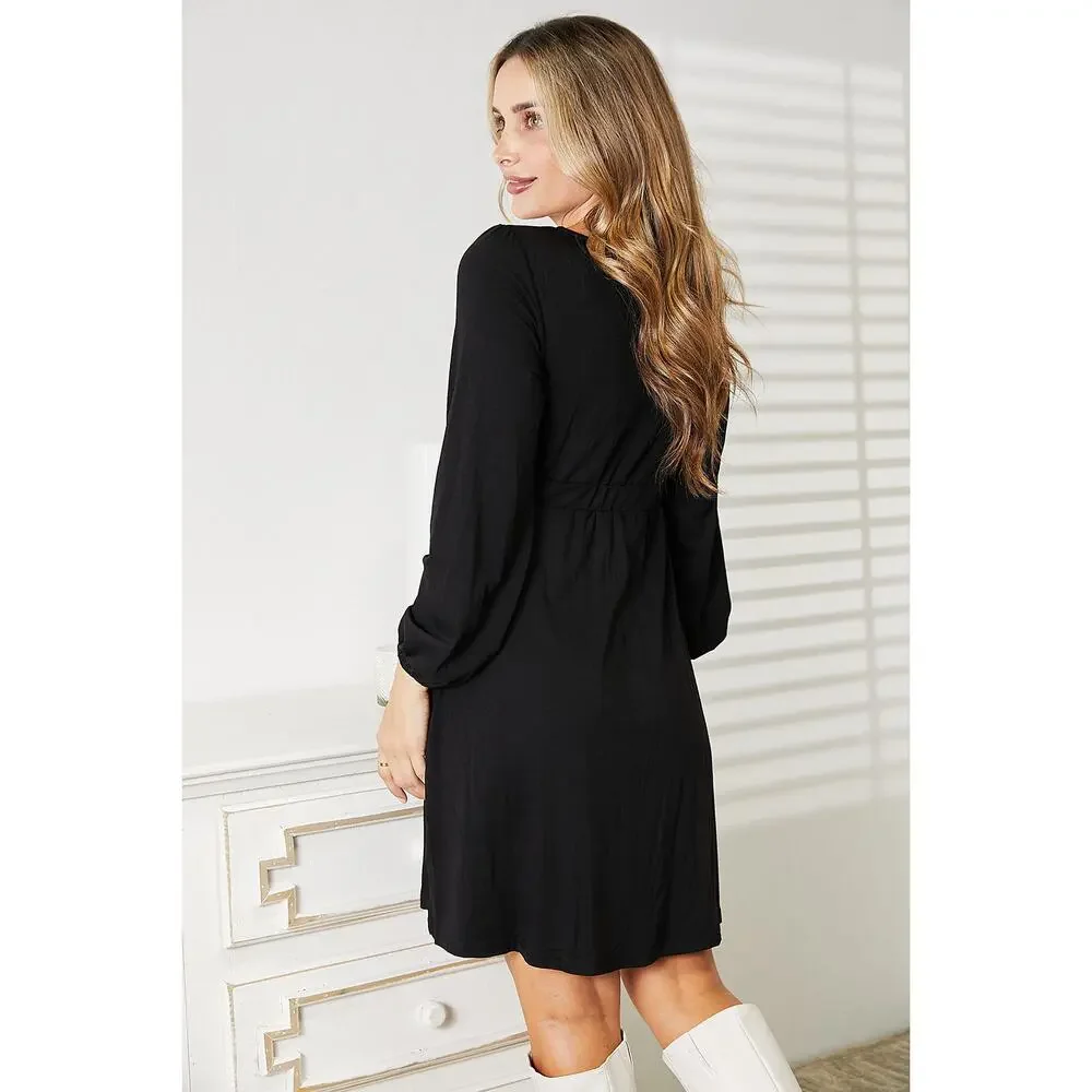 DOUBLE TAKE Black Scoop Neck Empire Waist Long Sleeve Dress Plus - Picture 7 of 8